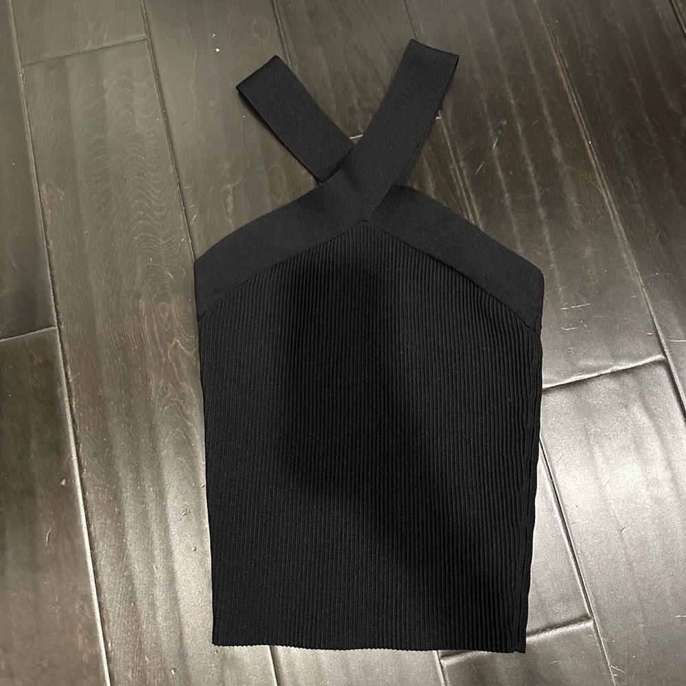 Artizia Babaton Sculpt Knit Black Ribbed Cross-Strap Tank Top